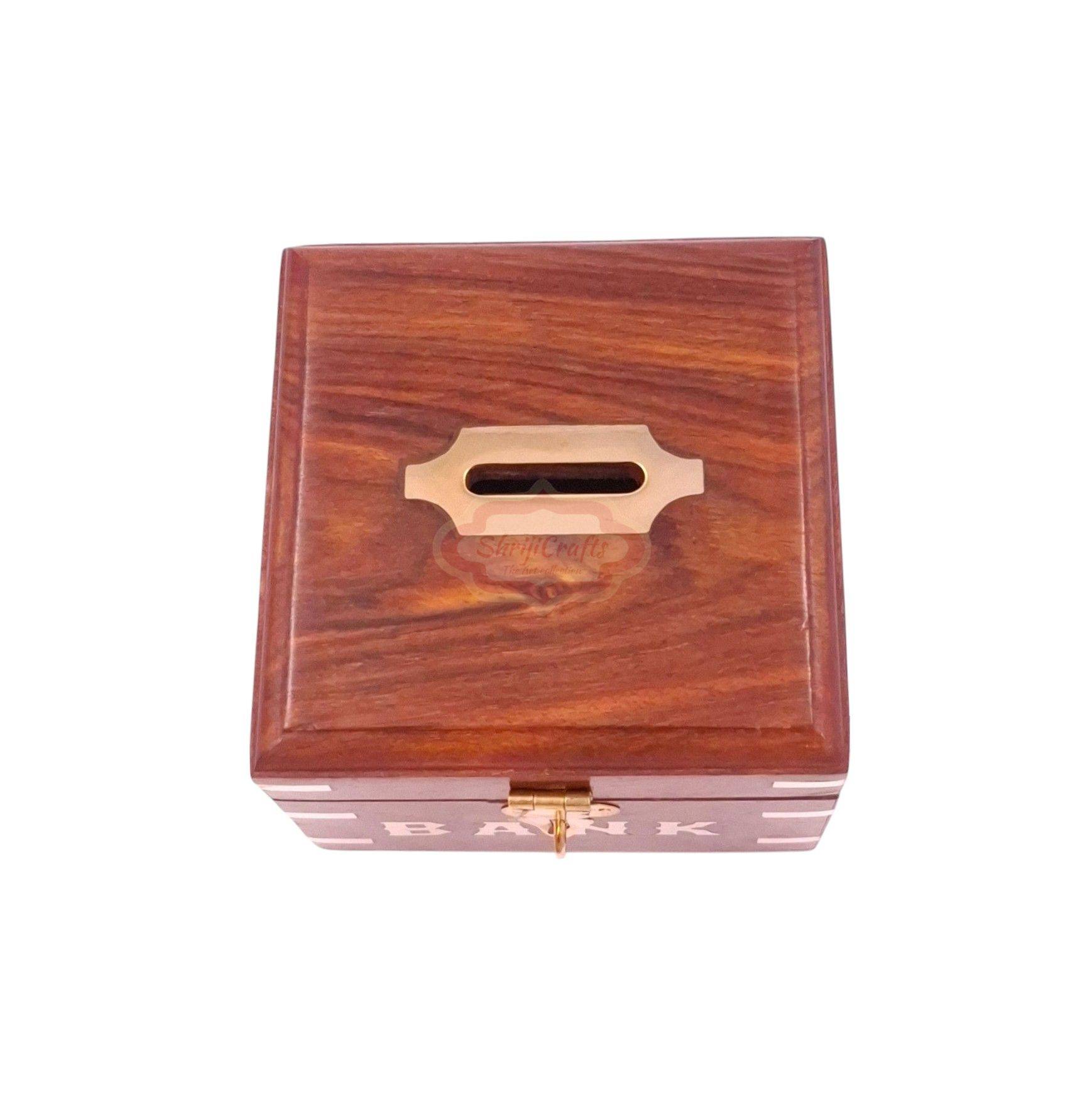 Handcrafted wooden money bank with a coin slot, secure lock, and key - View 3