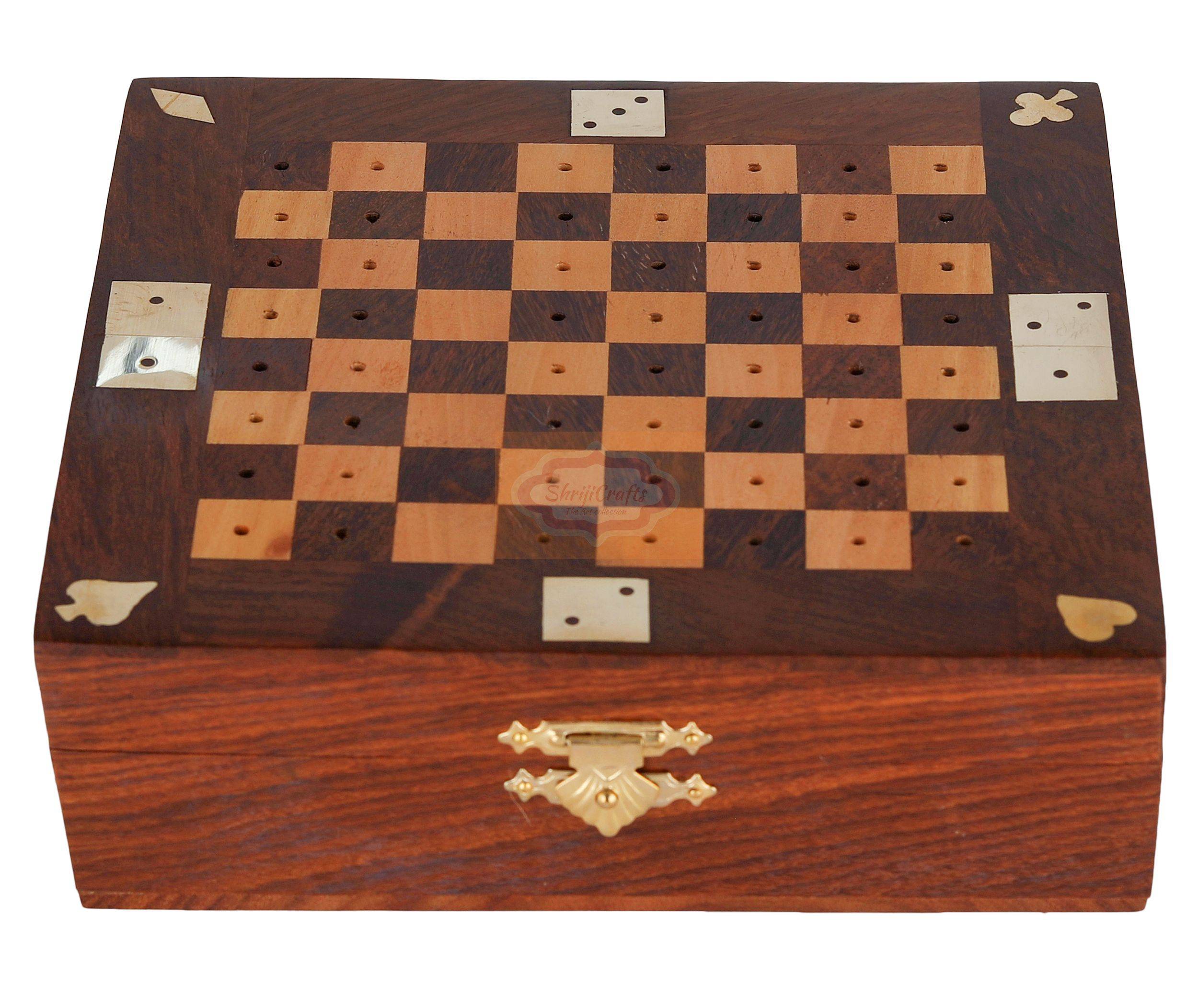 Handcrafted 3-in-1 wooden game set featuring Chess, Dominoes, and Dice in one compact box - View 4