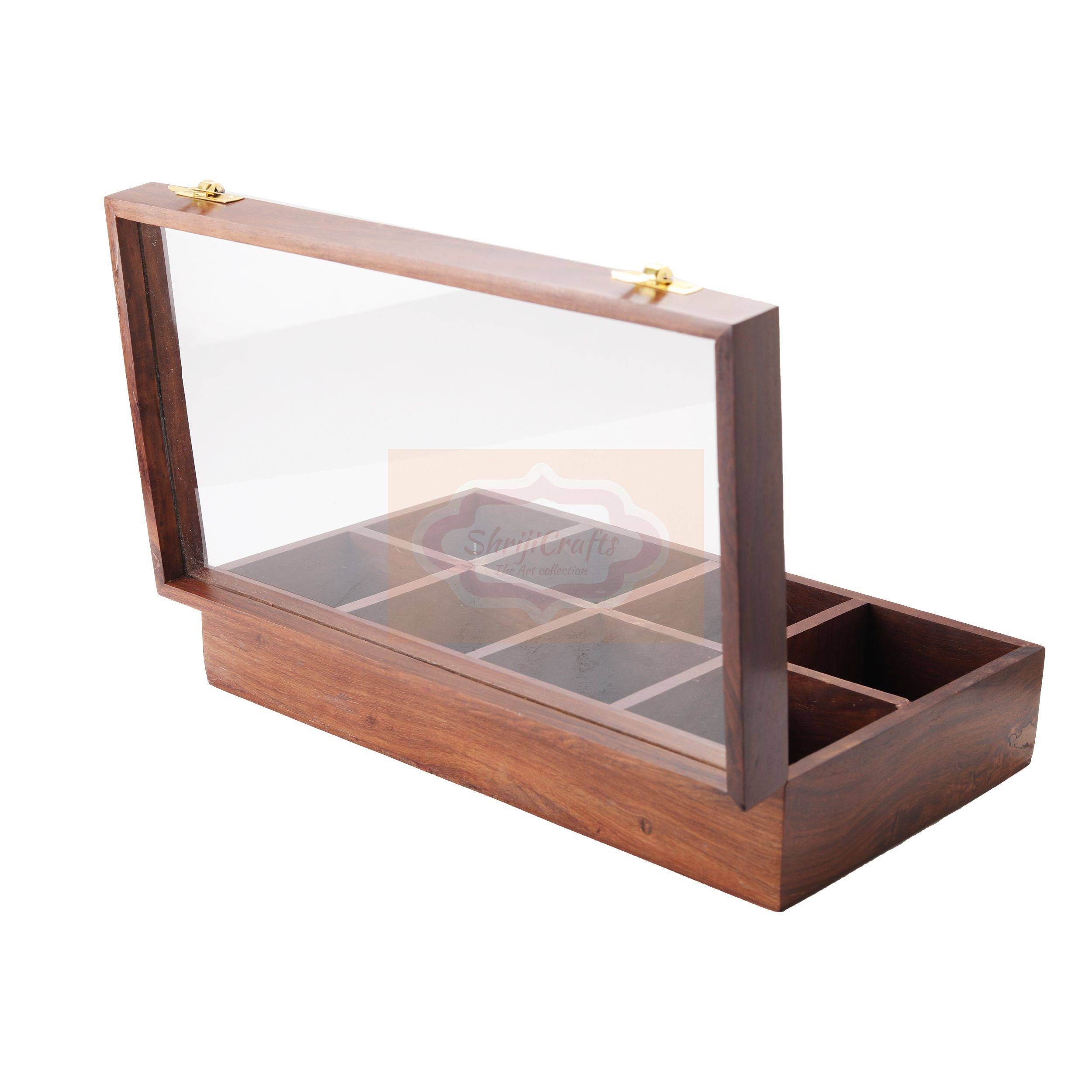 Handcrafted wooden tea bag organizer with 8 spacious compartments and a glass lid - View 2