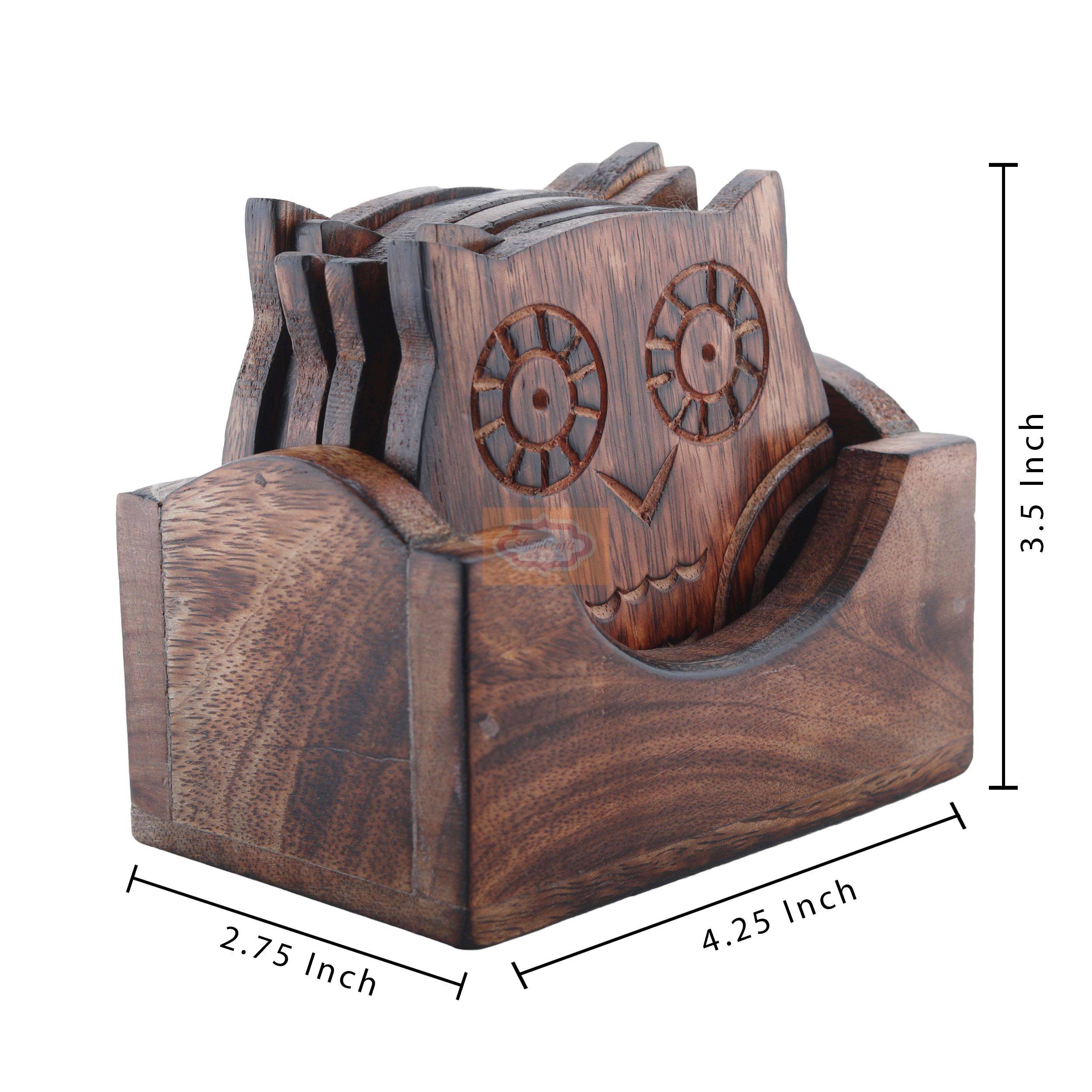 Handcrafted wooden owl coaster set with 6 coasters and a matching storage holder - View 6