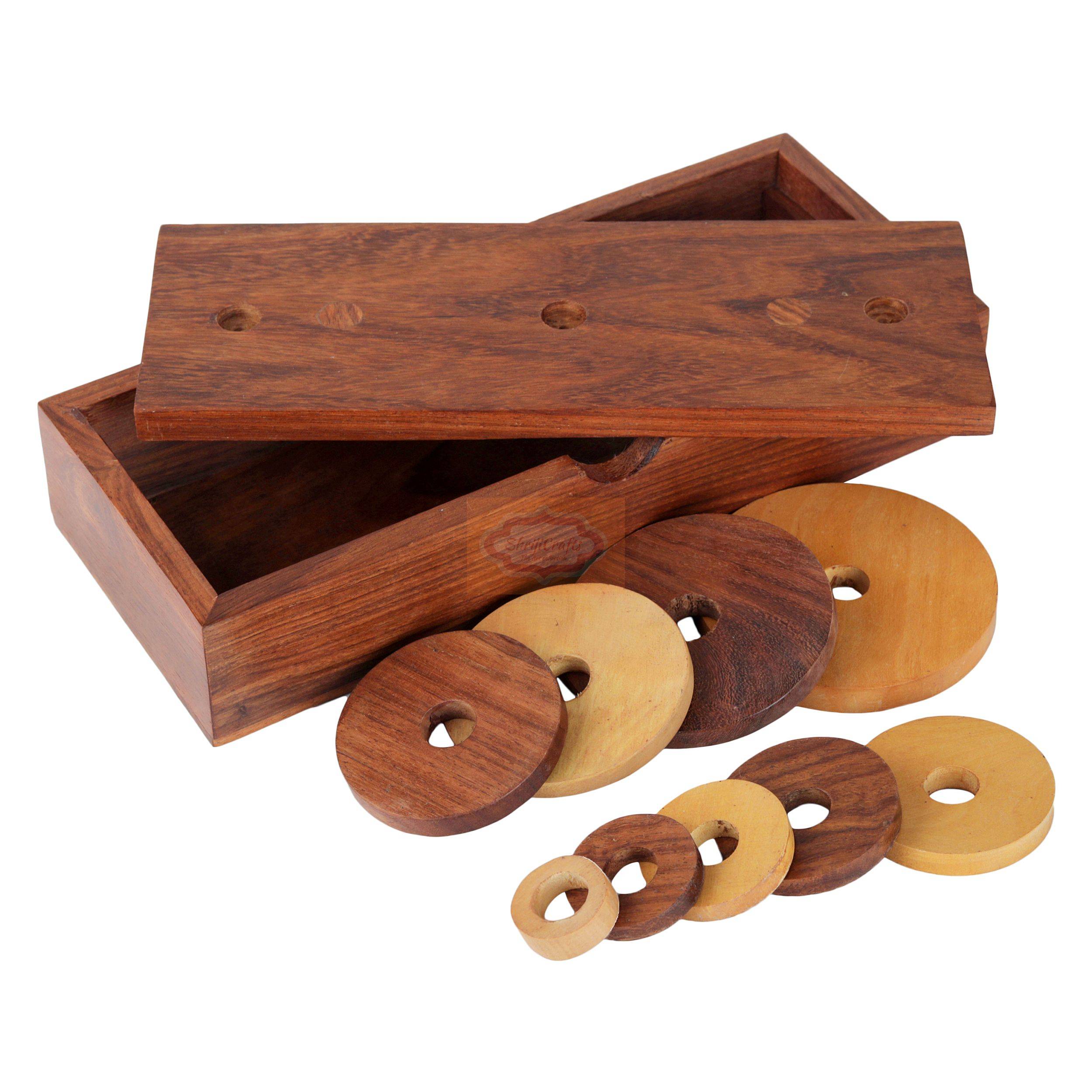 Handcrafted wooden Tower of Hanoi puzzle with 9 discs, 3 rods, and a wooden storage box - View 5