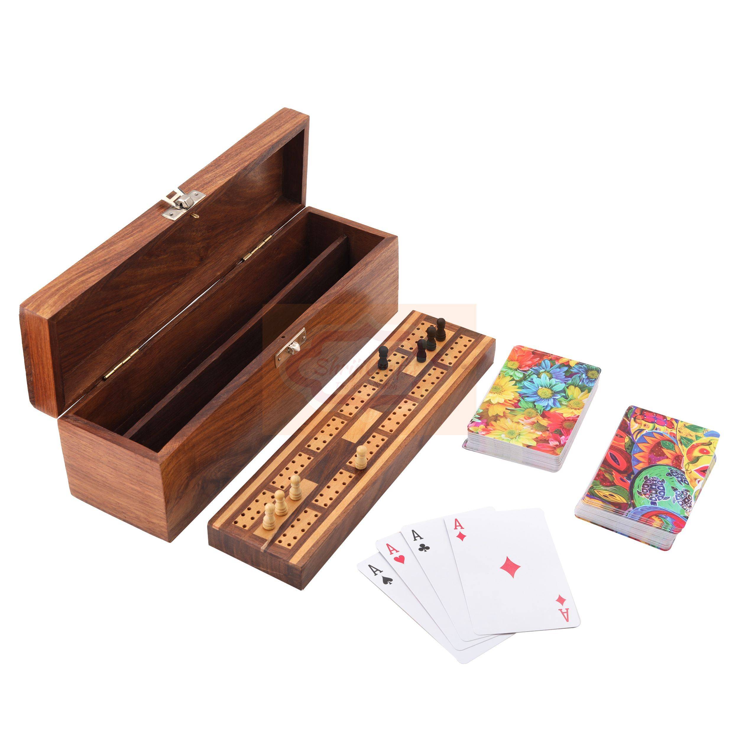Handcrafted wooden Cribbage board with built-in playing card storage — handcrafted wooden product by Shrijicrafts