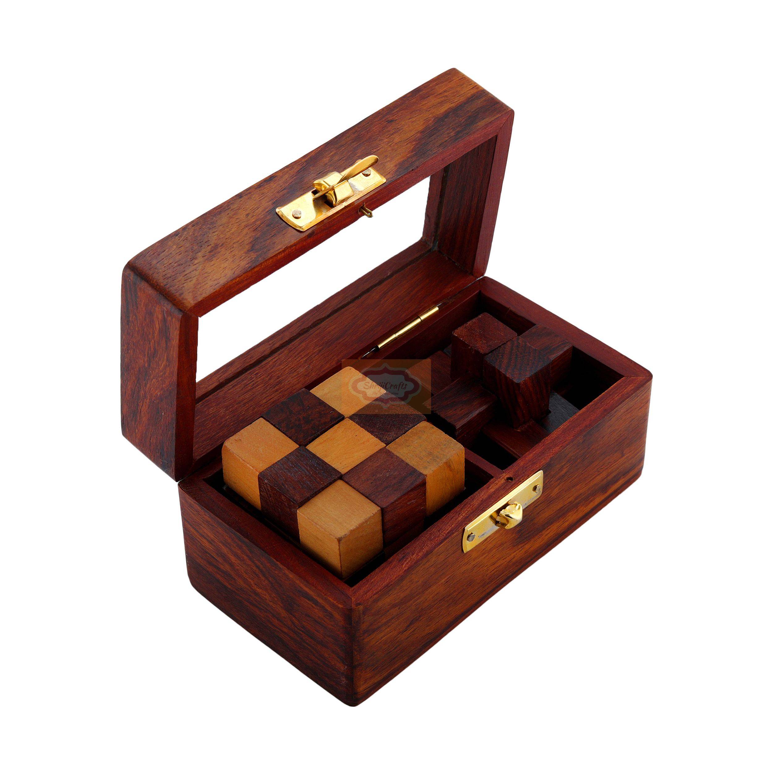 Handcrafted wooden 2-in-1 puzzle set featuring a Snake Cube and Interlocking Burr Puzzle — handcrafted wooden product by Shrijicrafts