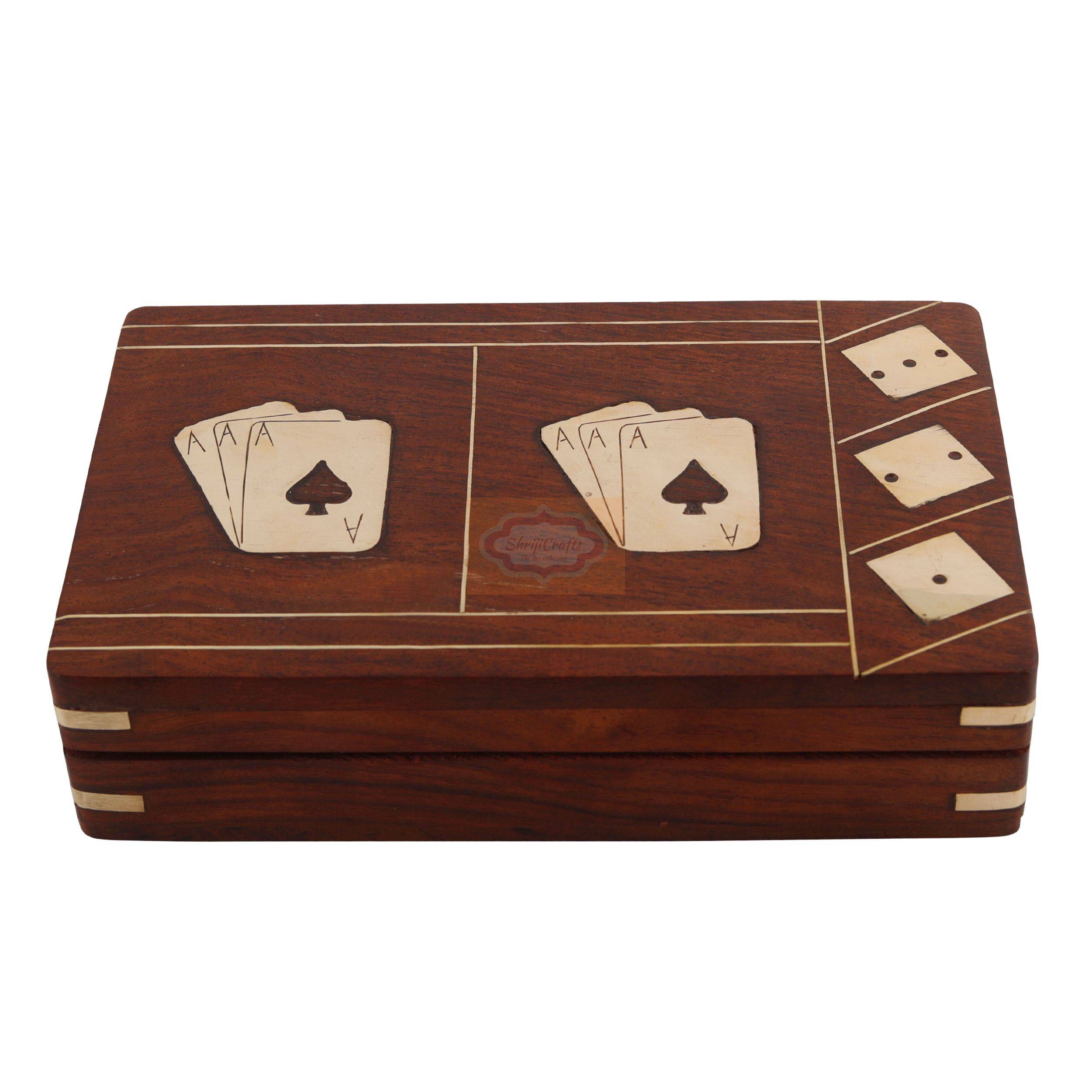 Handcrafted wooden playing card box designed to store 2 decks of cards and 5 dice - View 5