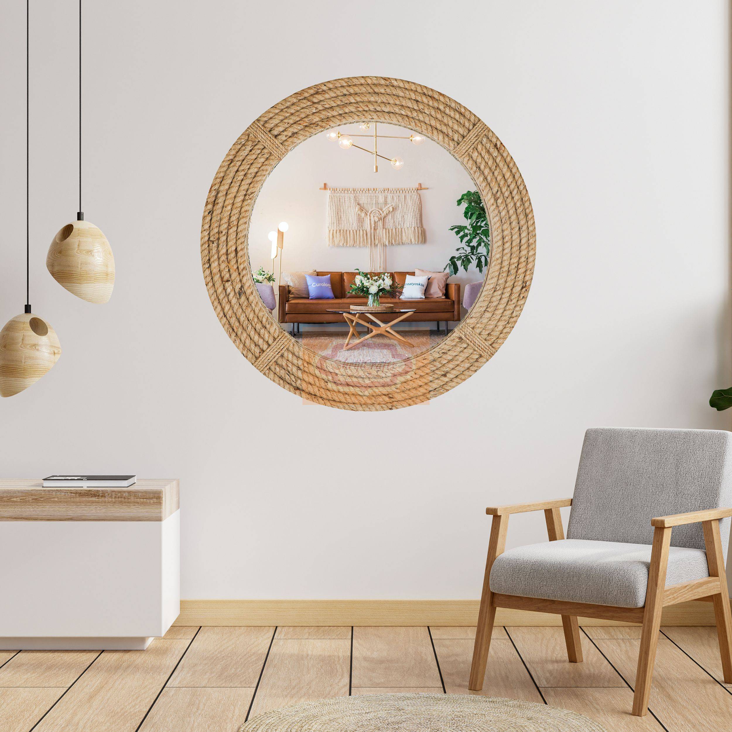 Handcrafted large round wooden mirror with a decorative natural rope frame - View 5