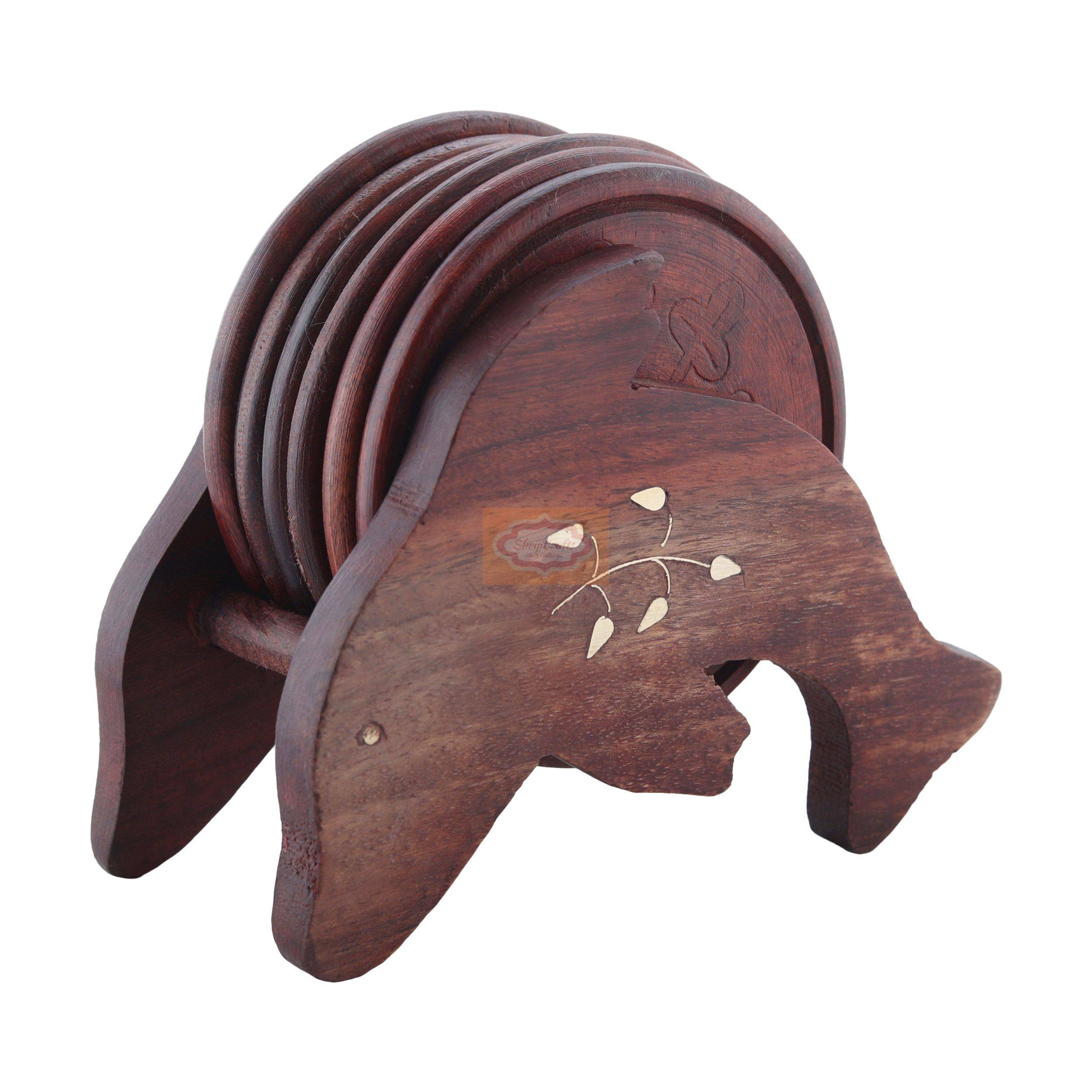 Handcrafted wooden elephant coaster set with 6 coasters and a matching holder - View 2