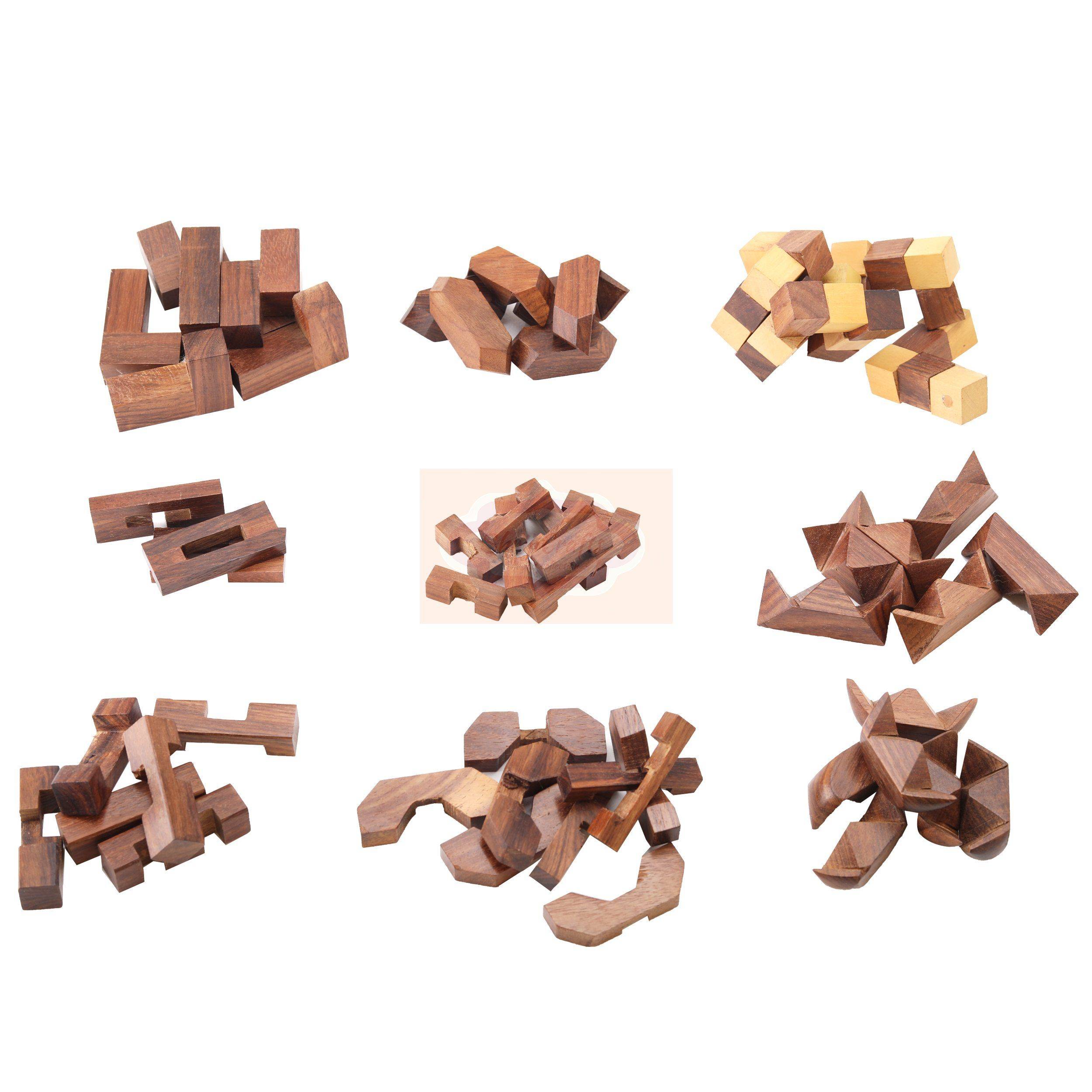 Handcrafted 9-in-1 wooden puzzle set featuring a premium glass lid storage box — handcrafted wooden product by Shrijicrafts