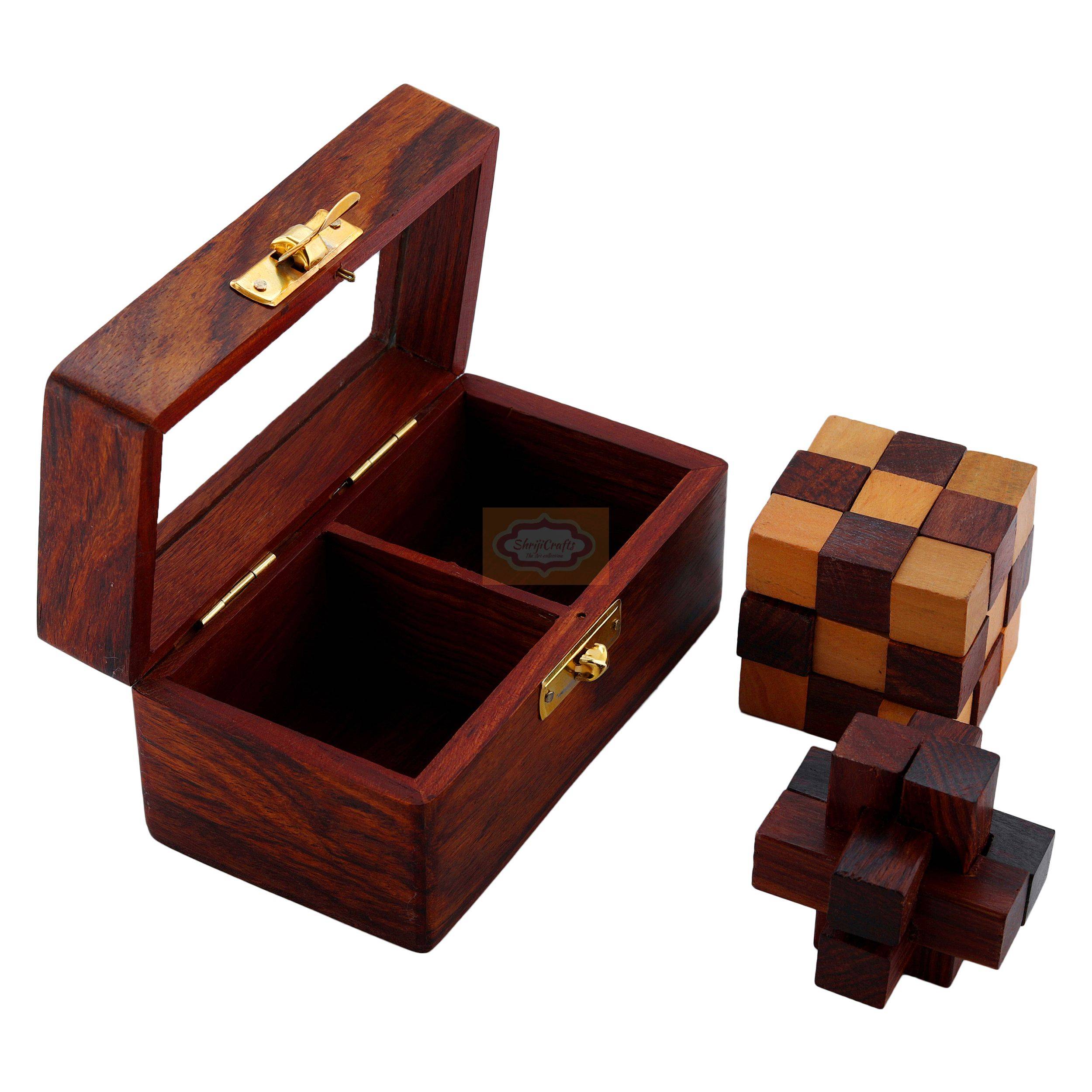 Handcrafted wooden 2-in-1 puzzle set featuring a Snake Cube and Interlocking Burr Puzzle — handcrafted wooden product by Shrijicrafts