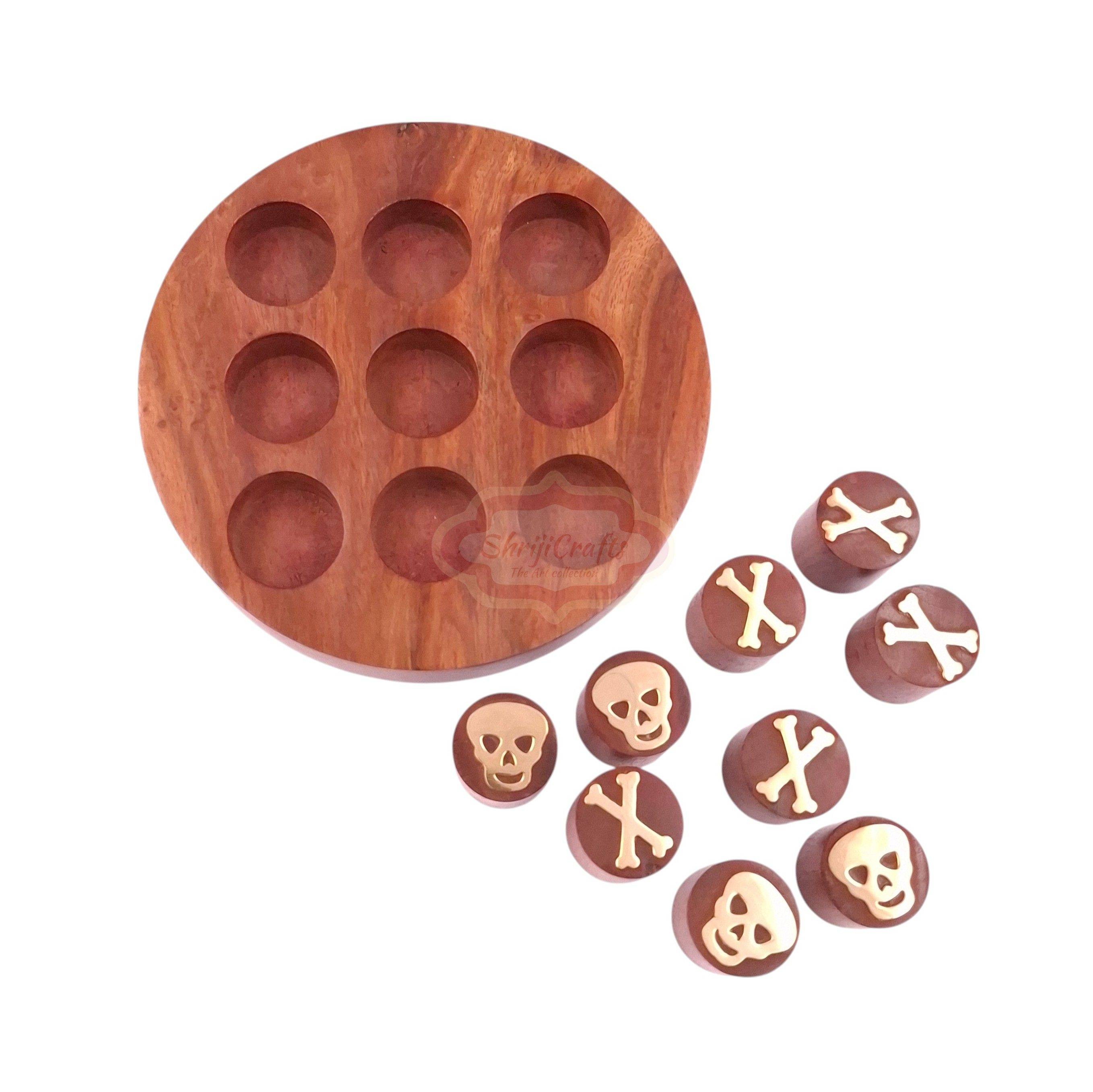 Handcrafted round wooden Tic Tac Toe game with unique Skull & Bone playing pieces - View 4