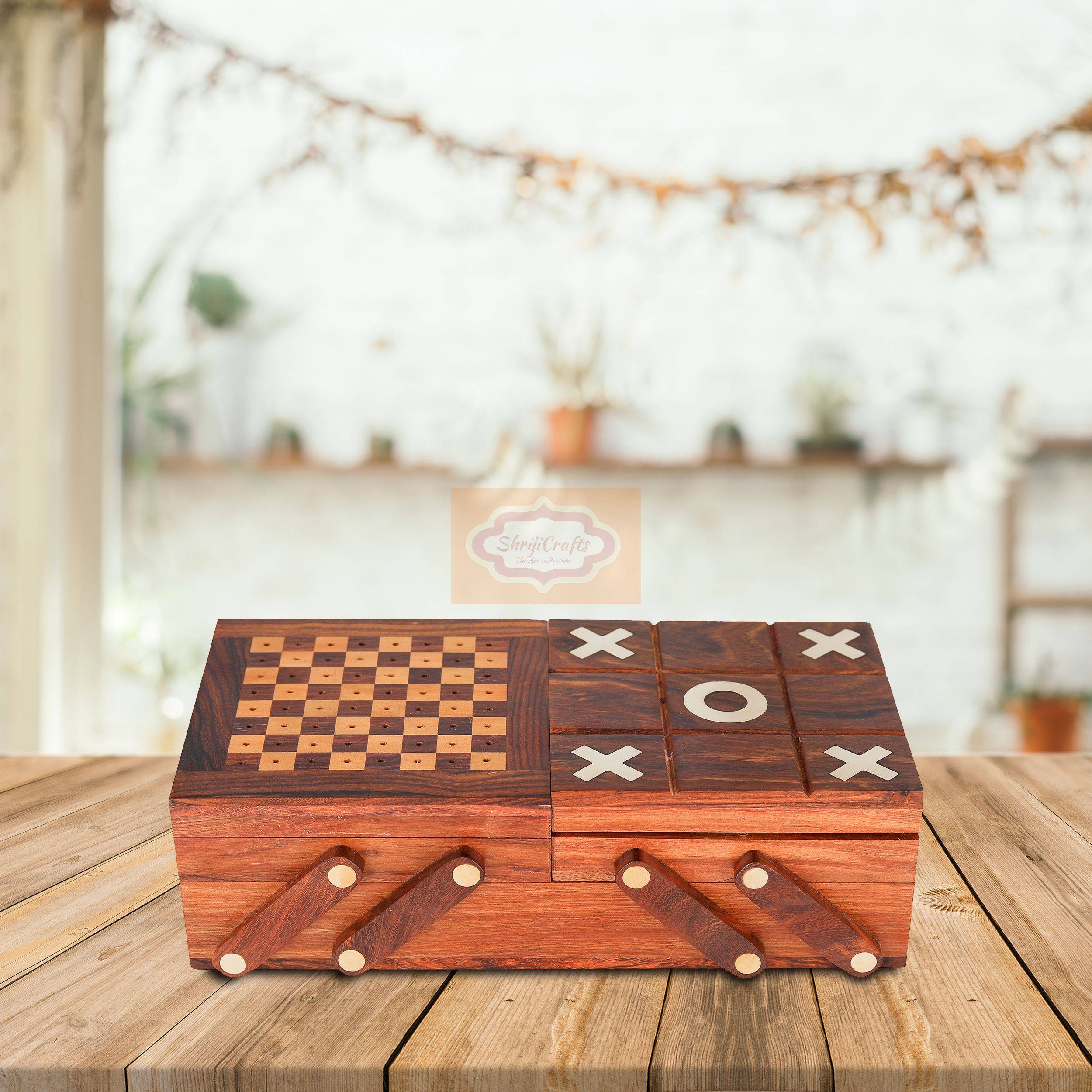 Handcrafted 4-in-1 wooden game set featuring Chess, Tic Tac Toe, Playing Cards, and Dice - View 6