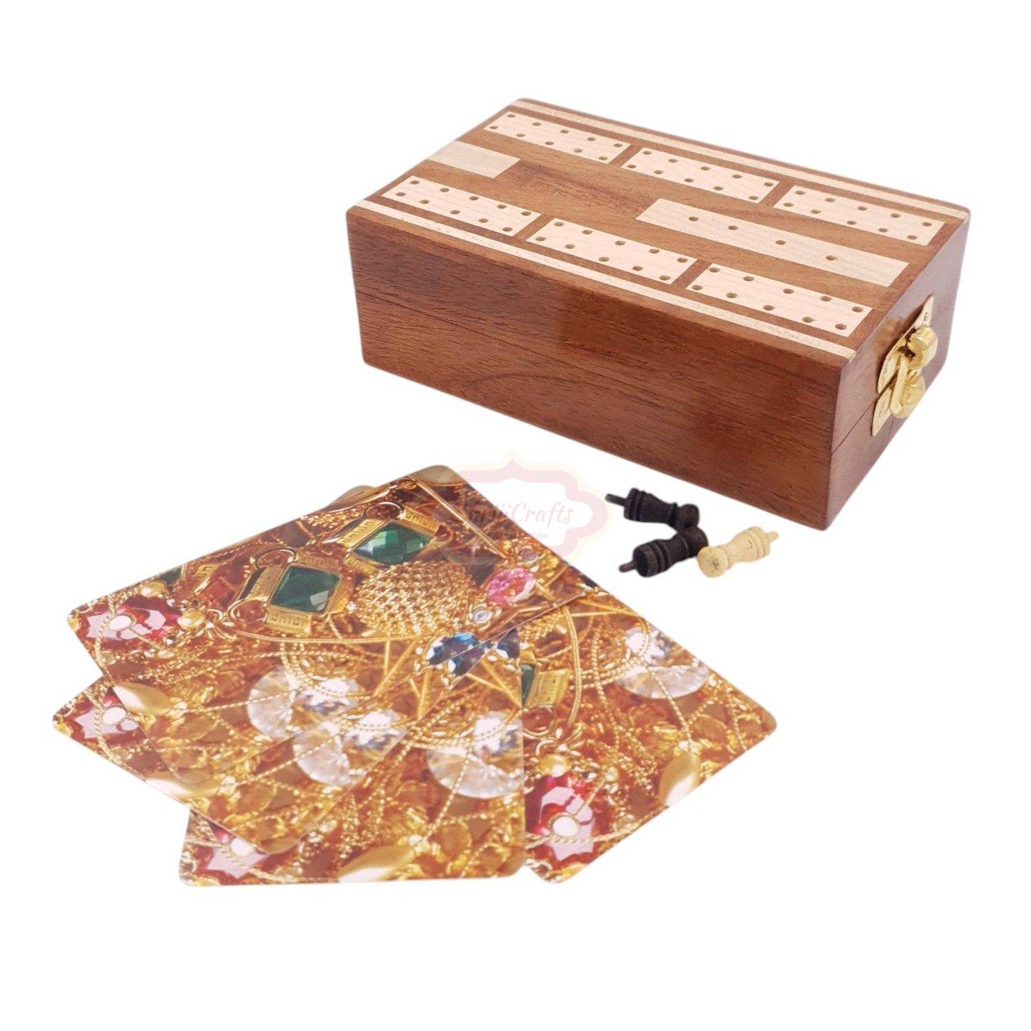 Handcrafted wooden cribbage board with built-in storage for 1 standard deck of playing cards — handcrafted wooden product by Shrijicrafts